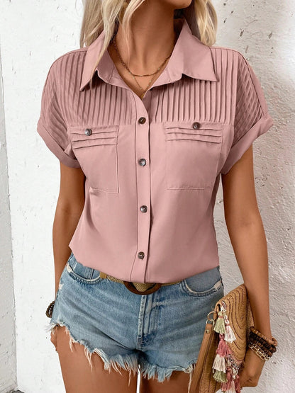 She Wears Glory™ – The Clarity Collar Shirt (Pleated Short Sleeve Button-Down) - She Wears Glory Beverly Hills