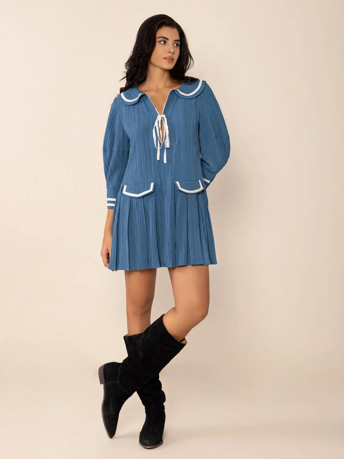 She Wears Glory™ Tie-Front Pleated Three-Quarter Sleeve Dress - She Wears Glory Beverly Hills