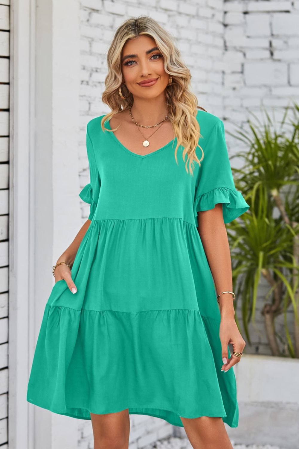She Wears Glory™ Mandy V-Neck Flounce Sleeve Tiered Dress - She Wears Glory Beverly Hills