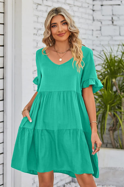 She Wears Glory™ Mandy V-Neck Flounce Sleeve Tiered Dress - She Wears Glory Beverly Hills