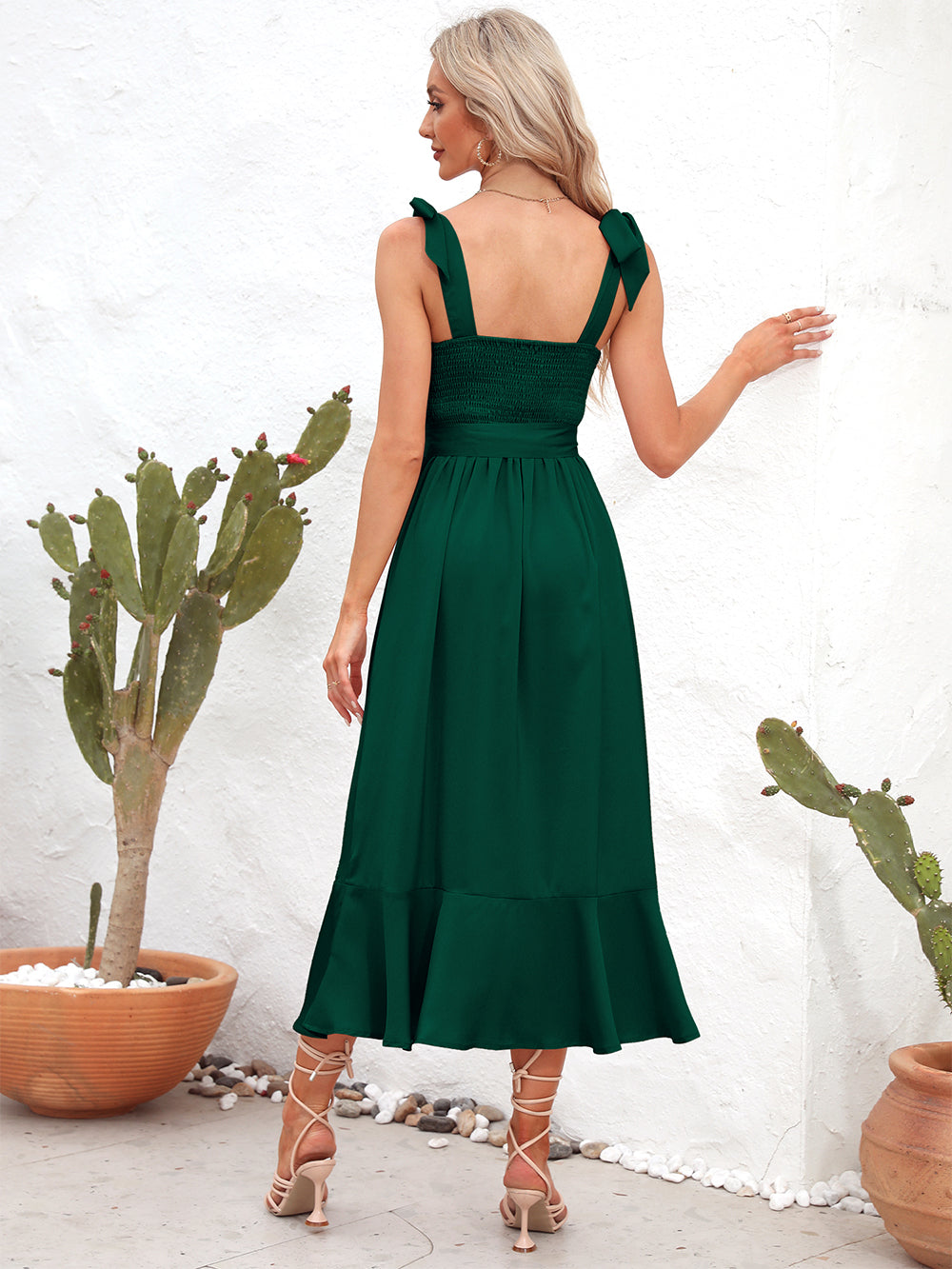She Wears Glory “Leah” Tie Strap Peplum Midi Dress - She Wears Glory Beverly Hills
