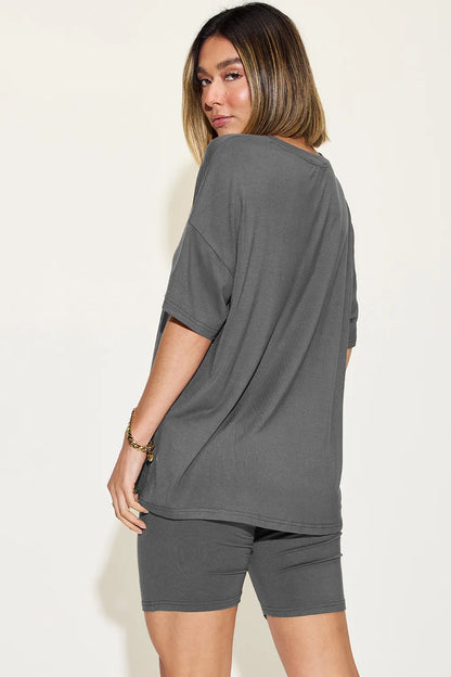 She Wears Glory™ Divine Ease Lounge Set Two-Piece Three-Quarter Sleeve Top &amp; Shorts in Soft Rayon Blend - She Wears Glory Beverly Hills