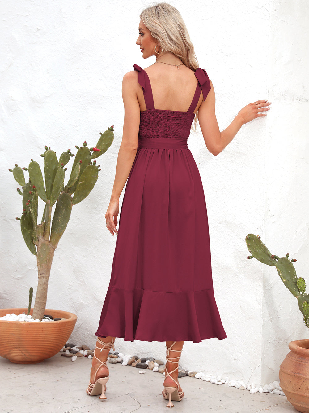 She Wears Glory “Leah” Tie Strap Peplum Midi Dress - She Wears Glory Beverly Hills