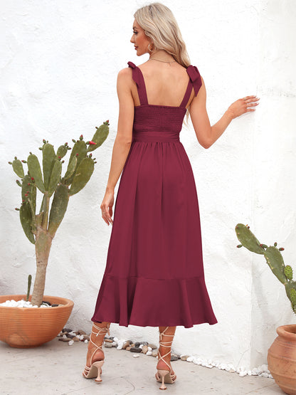 She Wears Glory “Leah” Tie Strap Peplum Midi Dress - She Wears Glory Beverly Hills