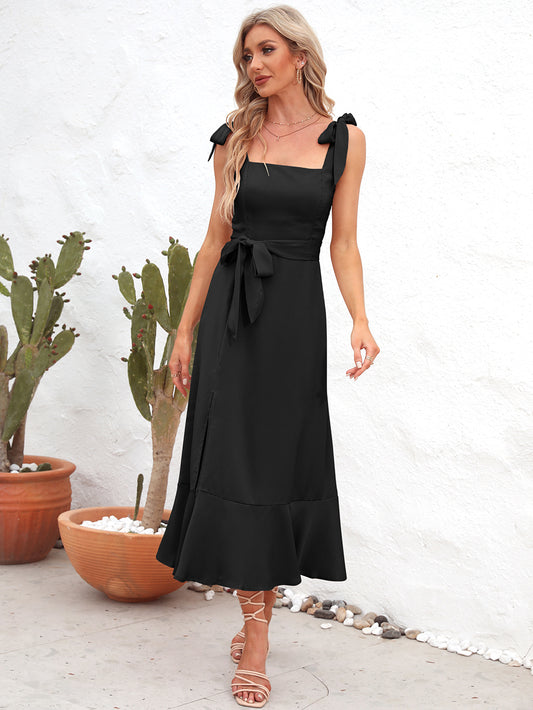 She Wears Glory “Leah” Tie Strap Peplum Midi Dress - She Wears Glory Beverly Hills