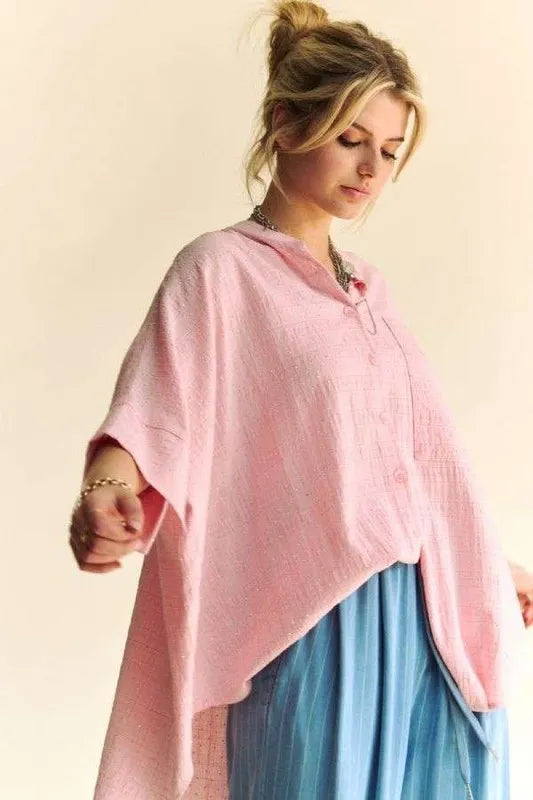She Wears Glory™ – The Radiant Witness Shirt (Rhinestone Pleat-Back Loose Fit Blouse) - She Wears Glory Beverly Hills