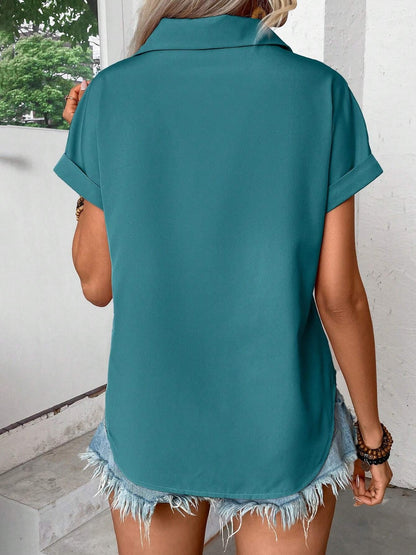 She Wears Glory™ – The Clarity Collar Shirt (Pleated Short Sleeve Button-Down) - She Wears Glory Beverly Hills