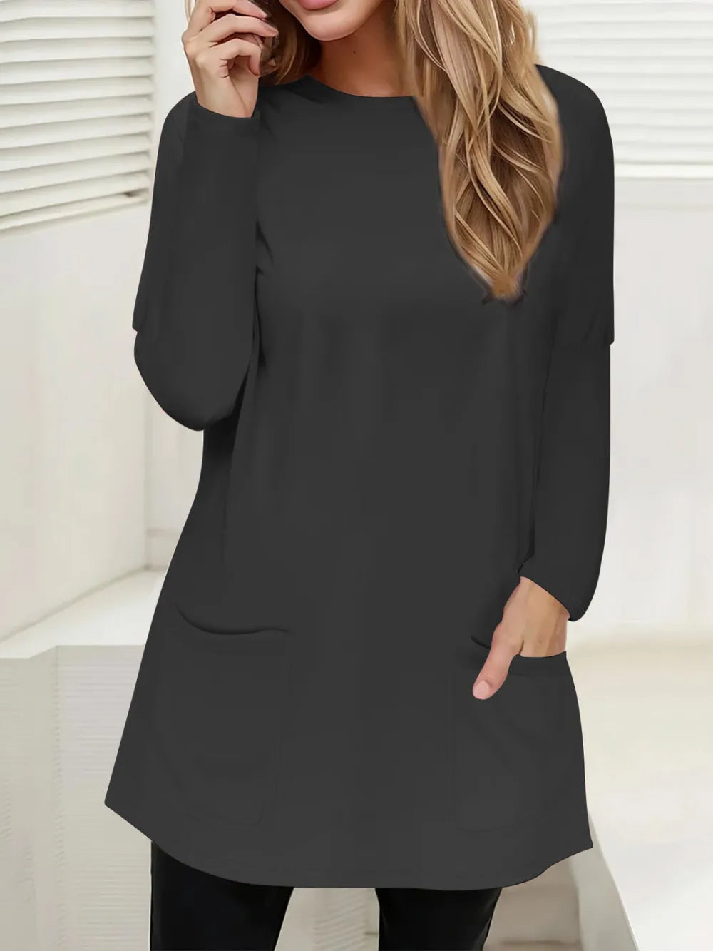She Wears Glory™ Full Size Pocketed Round Neck Long Sleeve T-Shirt - She Wears Glory Beverly Hills