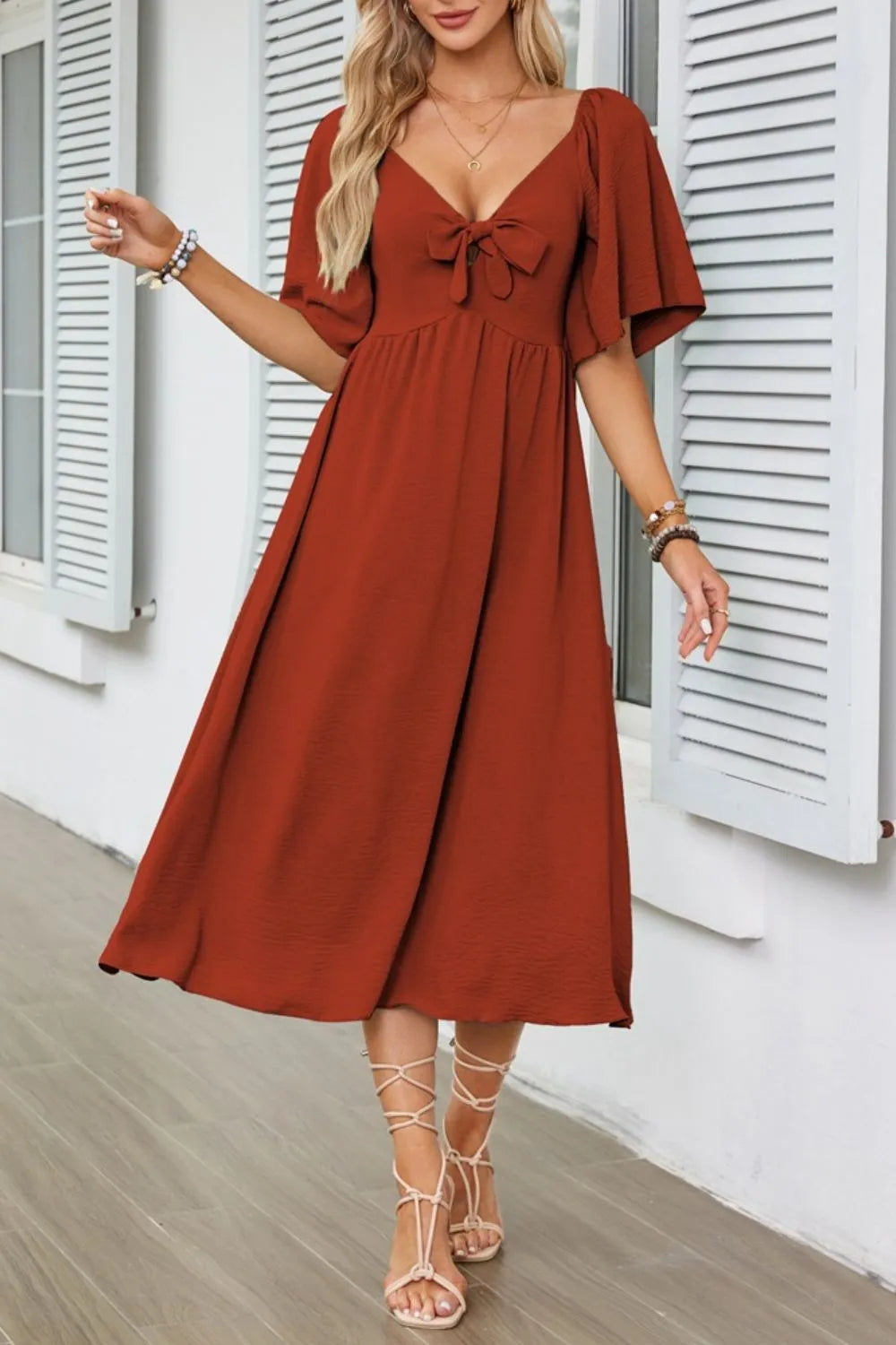 Smocked Tie Front Flutter Sleeve Midi Dress - She Wears Glory Beverly Hills