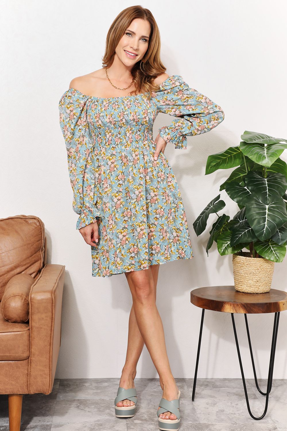 She Wears Glory™ “Eden Bloom” Honey Floral Smocked Flounce Sleeve Square Neck Dress - She Wears Glory Beverly Hills