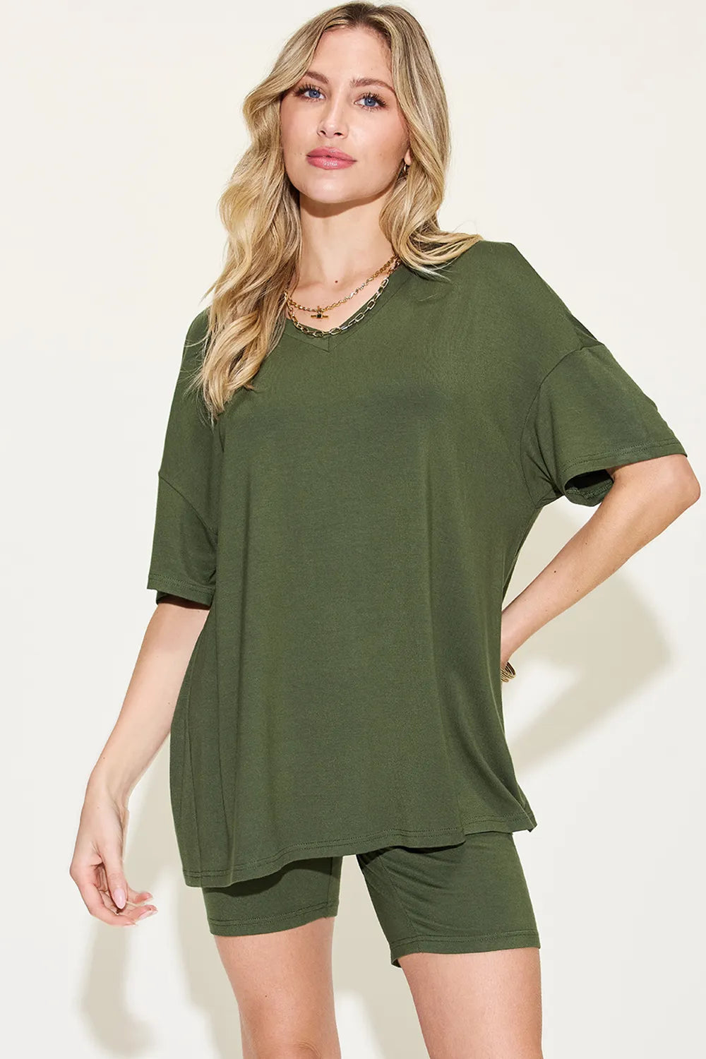 She Wears Glory™ Divine Ease Lounge Set Two-Piece Three-Quarter Sleeve Top &amp; Shorts in Soft Rayon Blend - She Wears Glory Beverly Hills
