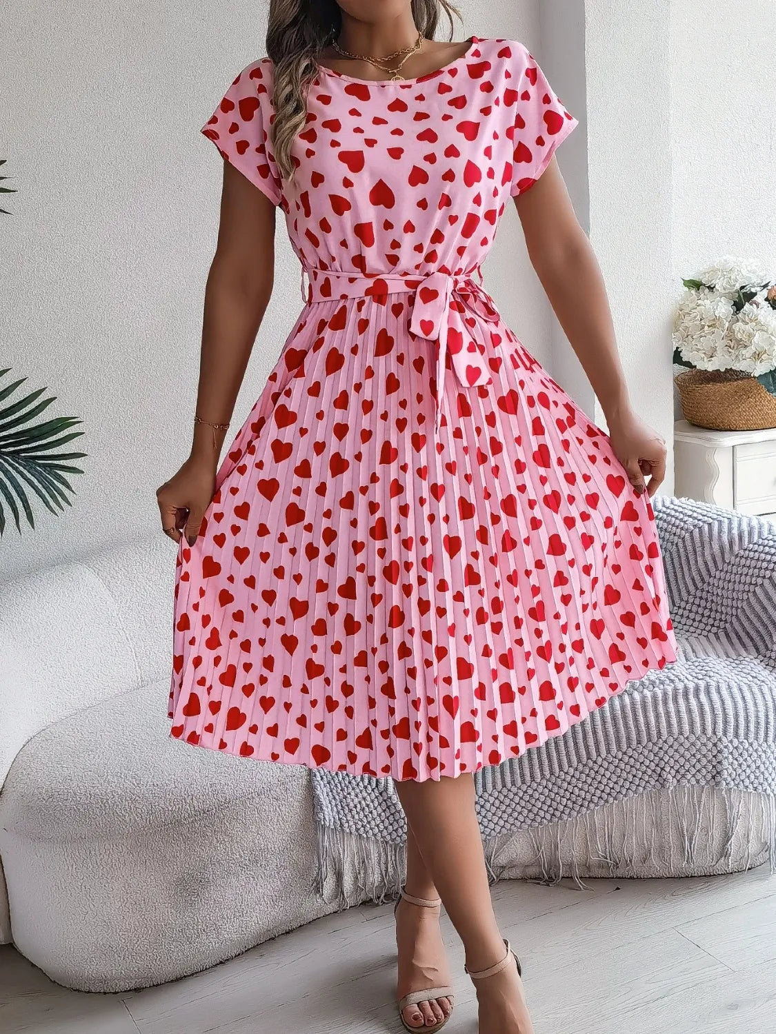 She Wears Glory™ “Hearts Set Apart” Tie-Waist Pleated Dress - She Wears Glory Beverly Hills