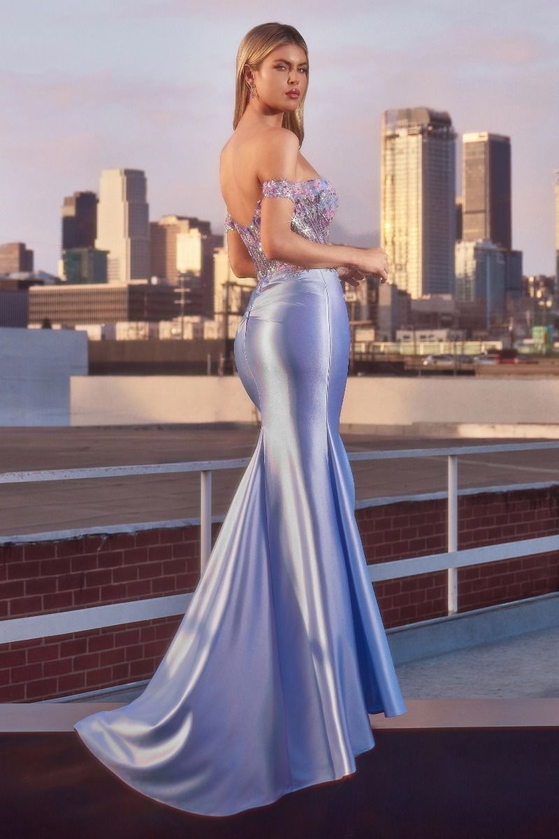 Off The Shoulder Floral Beaded & Satin Gown-1