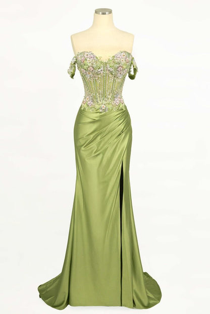Off The Shoulder Floral Beaded & Satin Gown-4