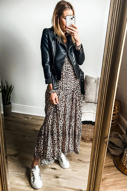 She Wears Glory “Jael” Leopard Notched Long Sleeve Maxi Dress - She Wears Glory Beverly Hills