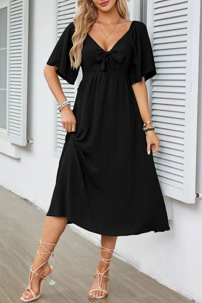 Smocked Tie Front Flutter Sleeve Midi Dress - She Wears Glory Beverly Hills