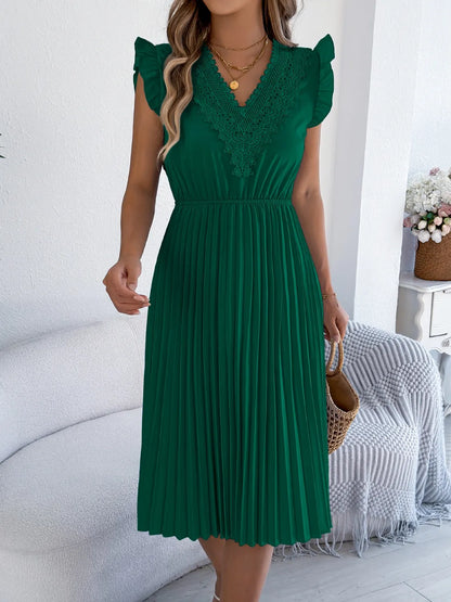 She Wears Glory™ “Whispers of Grace” Lace & Ruffle Pleated Dress - She Wears Glory Beverly Hills