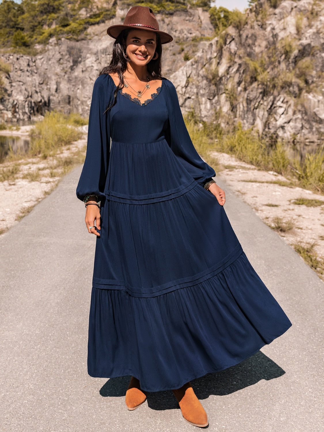 Long Sleeve Lace Trim Maxi Dress - She Wears Glory Beverly Hills