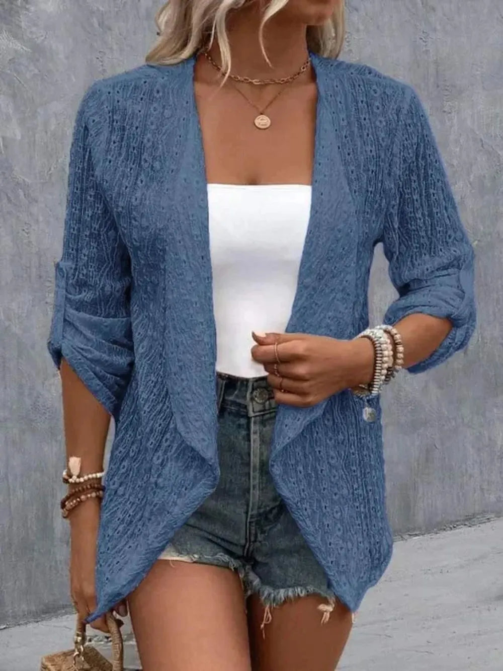 She Wears Glory™ Eyelet Roll-Tab Sleeve Cardigan - She Wears Glory Beverly Hills
