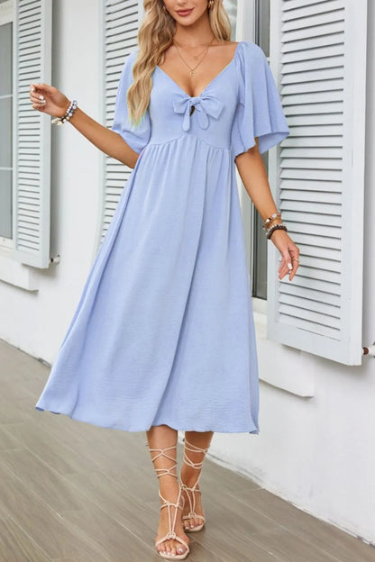 Smocked Tie Front Flutter Sleeve Midi Dress - She Wears Glory Beverly Hills