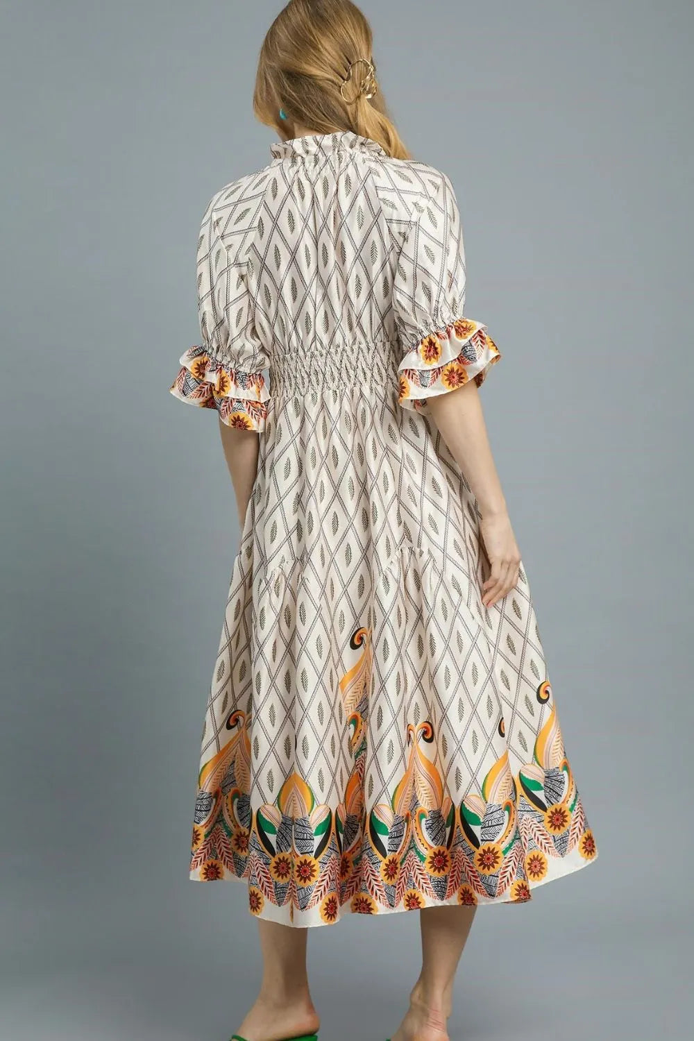 She Wears Glory™ Printed Smocked Waist Flounce Sleeve Midi Dress - She Wears Glory Beverly Hills