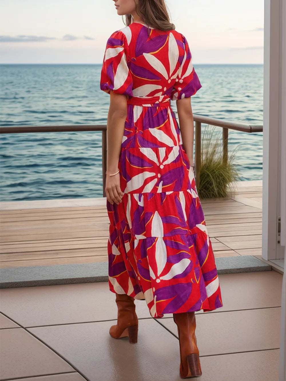 She Wears Glory “Miriam” Tied Slit Printed Midi Dress - She Wears Glory Beverly Hills