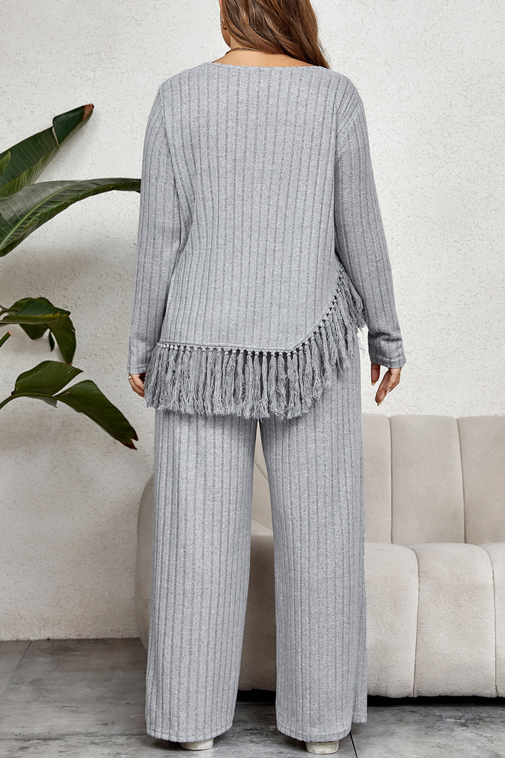 She Wears Glory™ “Divine Joy” Plus Size Tassel Hem Top and Pants Set - She Wears Glory Beverly Hills