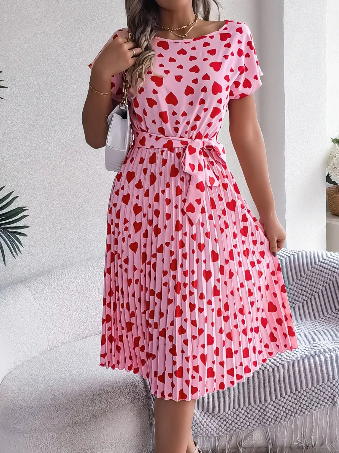 She Wears Glory™ “Hearts Set Apart” Tie-Waist Pleated Dress - She Wears Glory Beverly Hills
