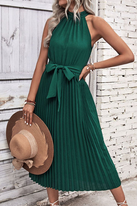 She Wears Glory™ Hadassah Grecian-Belted Pleated Dress in Royal Sandstone - She Wears Glory Beverly Hills