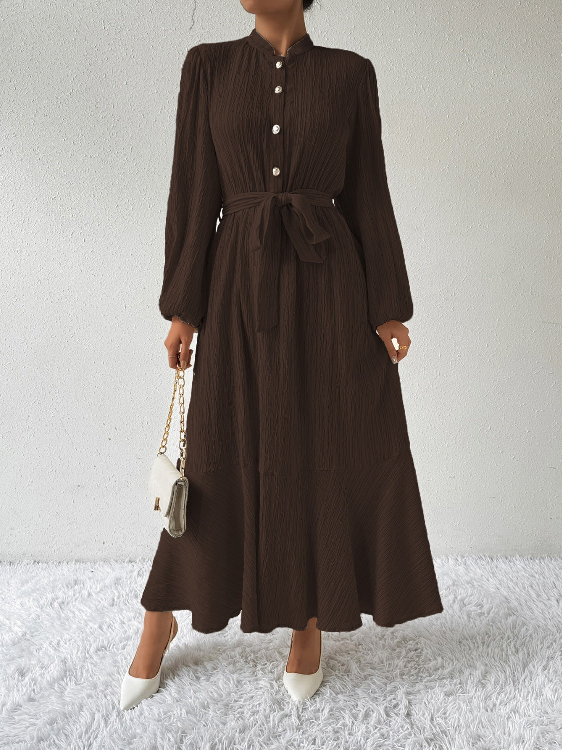 She Wears Glory™ “Honeyed Honor” Tie Waist Long Sleeve Dress - She Wears Glory Beverly Hills