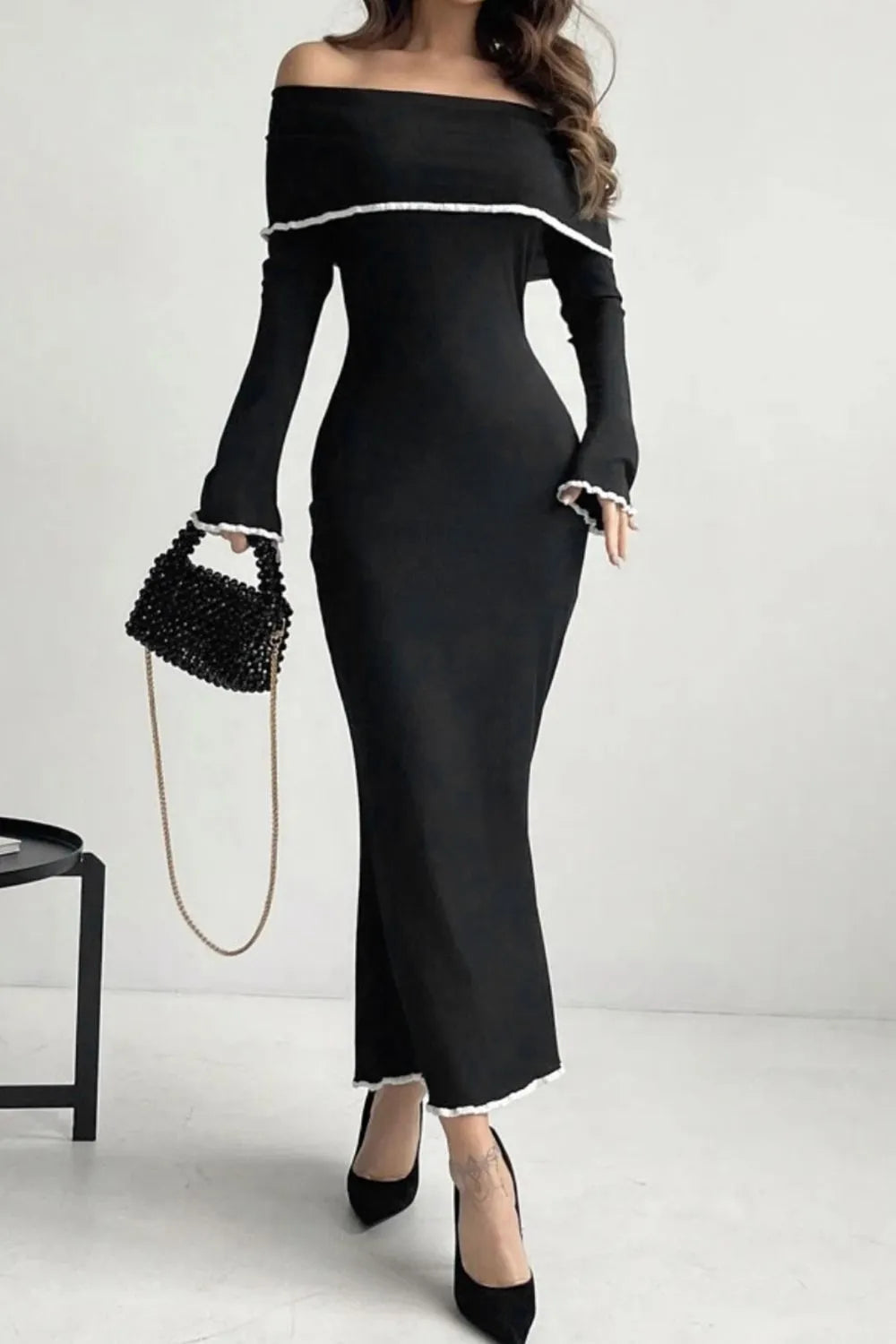 She Wears Glory™ Contrast Trim Off-Shoulder Long Sleeve Maxi Sweater Dress - She Wears Glory Beverly Hills