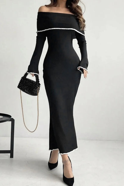 She Wears Glory™ Contrast Trim Off-Shoulder Long Sleeve Maxi Sweater Dress - She Wears Glory Beverly Hills