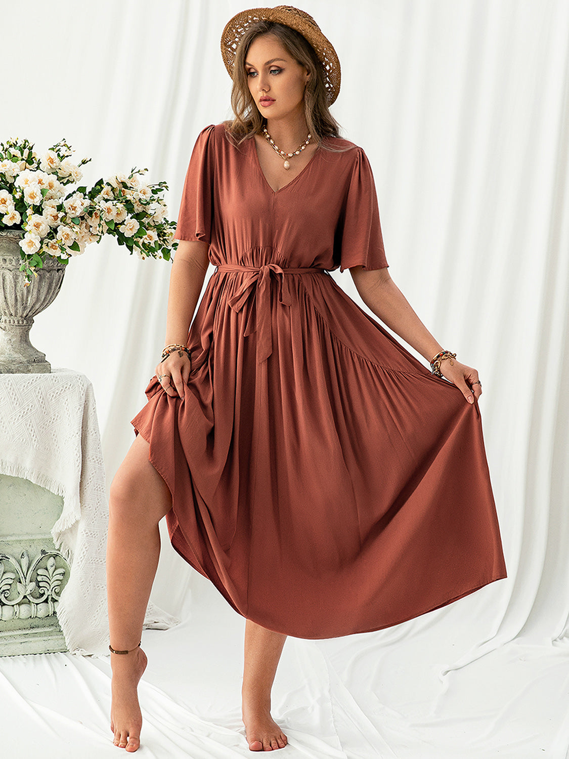 She Wears Glory™ “Grace in Bloom” Plus Size V-Neck Flutter Sleeve Midi Dress - She Wears Glory Beverly Hills