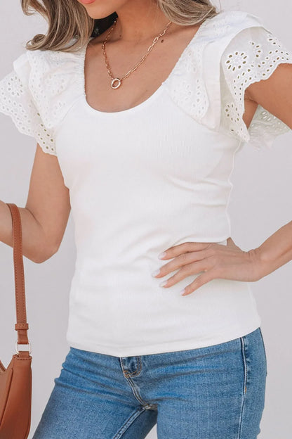 She Wears Glory™ Abigail Eyelet Ruffle Slim Top in Lily White - She Wears Glory Beverly Hills