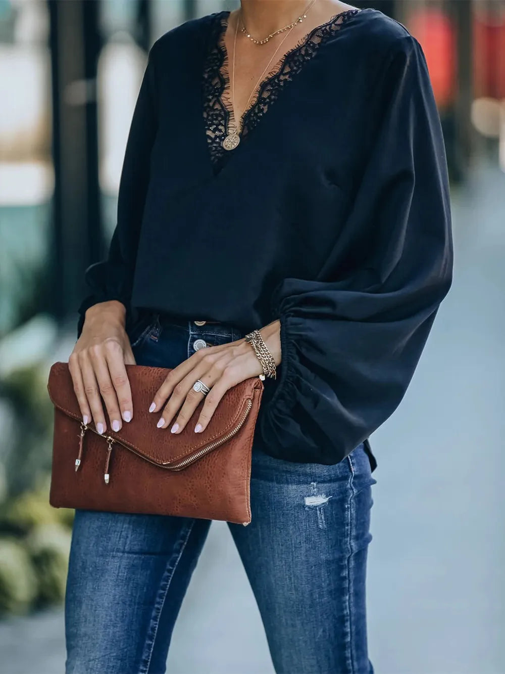 She Wears Glory™ — Adorned in Grace Lace V-Neck Long Sleeve Blouse - She Wears Glory Beverly Hills