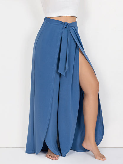 She Wears Glory™ “Graceful Journey” Tied Slit Wide Leg Pants - She Wears Glory Beverly Hills