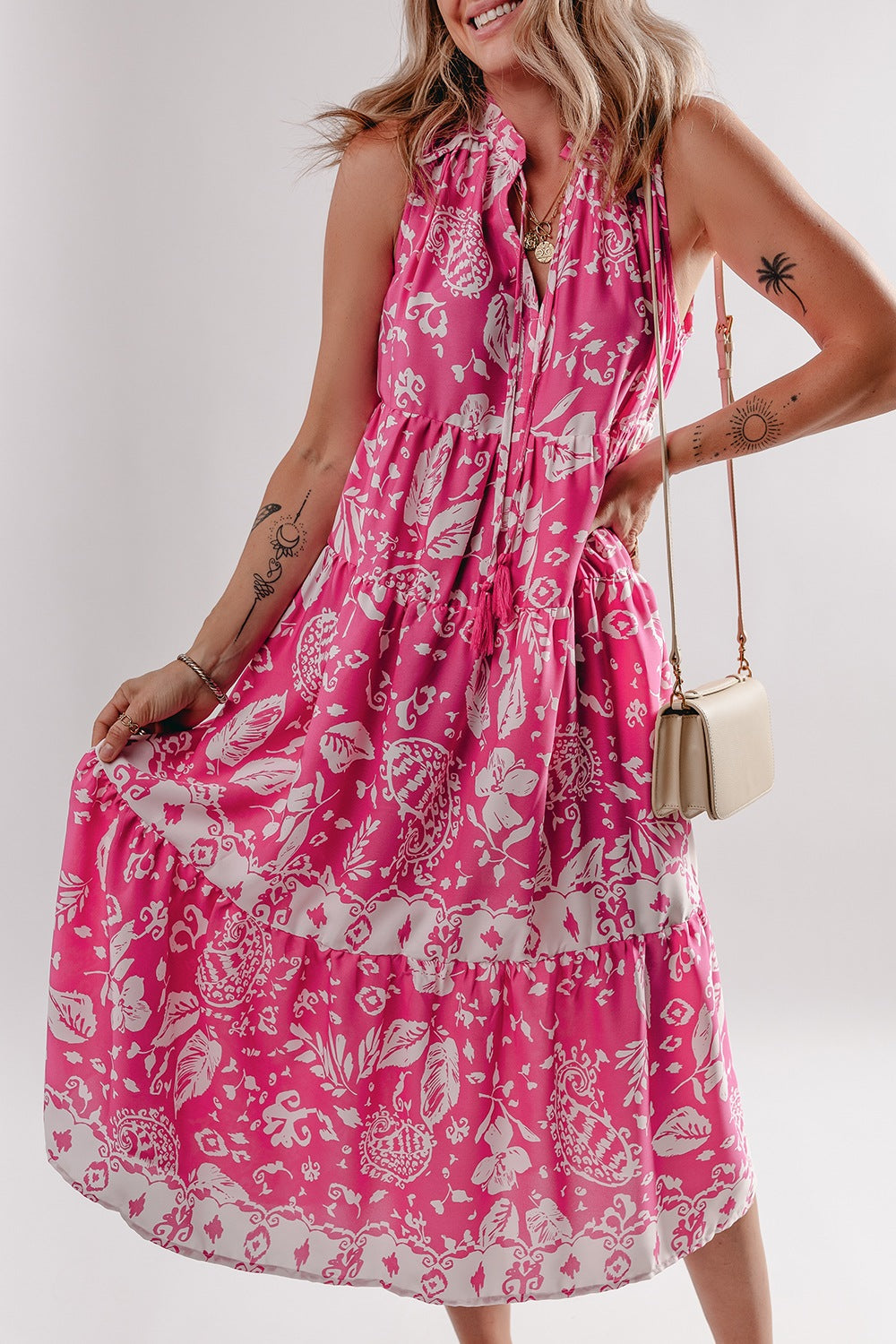 She Wears Glory “Daughter of the Dawn” Tasseled Tie-Neck Floral Tiered Midi Dress - She Wears Glory Beverly Hills