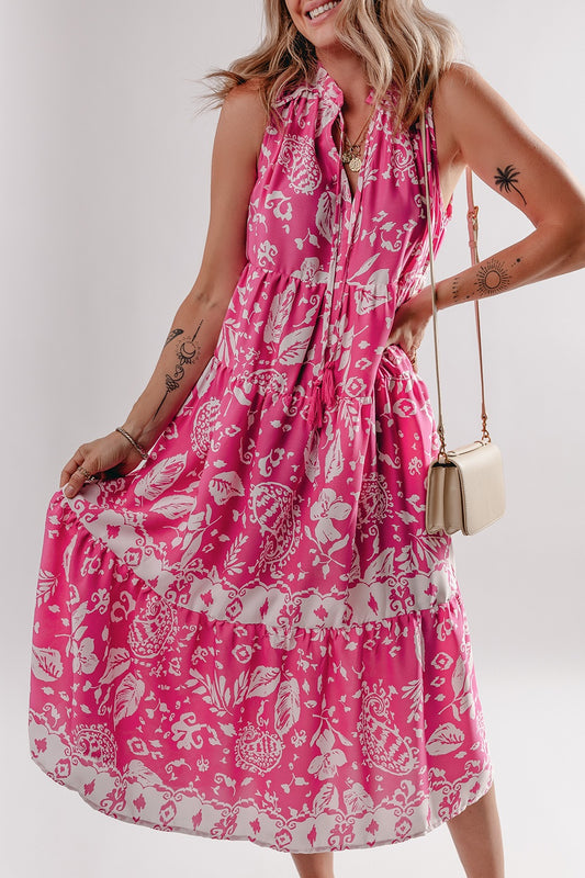 She Wears Glory “Daughter of the Dawn” Tasseled Tie-Neck Floral Tiered Midi Dress - She Wears Glory Beverly Hills