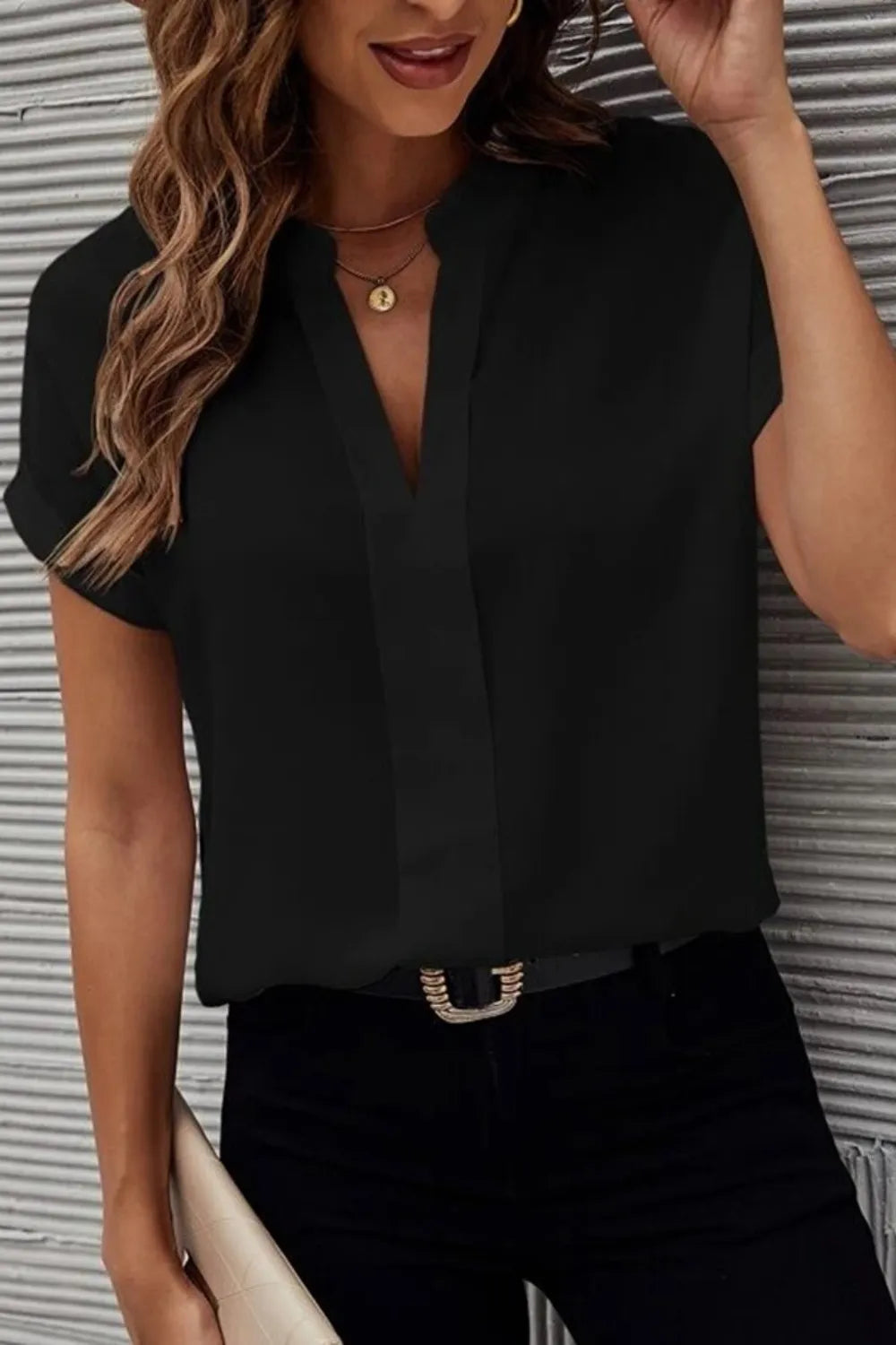 She Wears Glory™ — Rooted & Radiant Notched Short Sleeve Blouse - She Wears Glory Beverly Hills