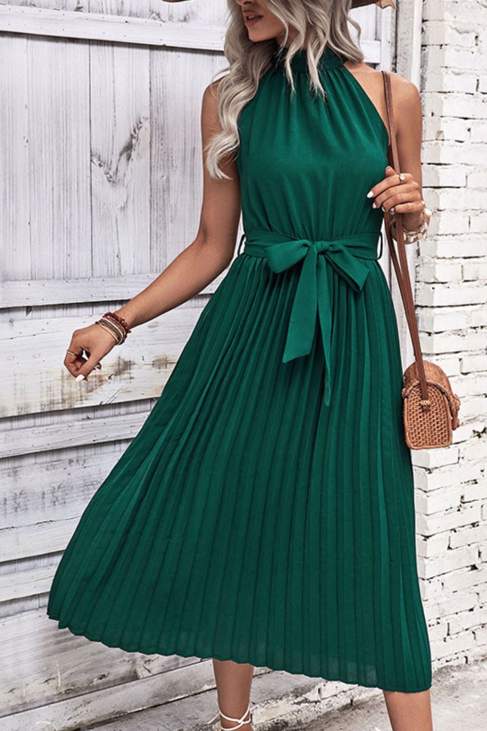She Wears Glory™ Hadassah Grecian-Belted Pleated Dress in Royal Sandstone - She Wears Glory Beverly Hills