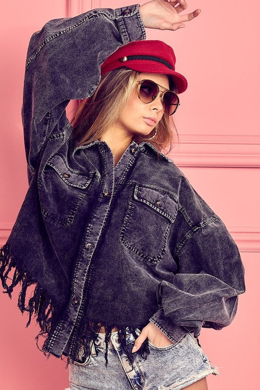She Wears Glory™ Fringe Hem Corduroy Shacket – Loosely Worn, Firmly Rooted - She Wears Glory Beverly Hills