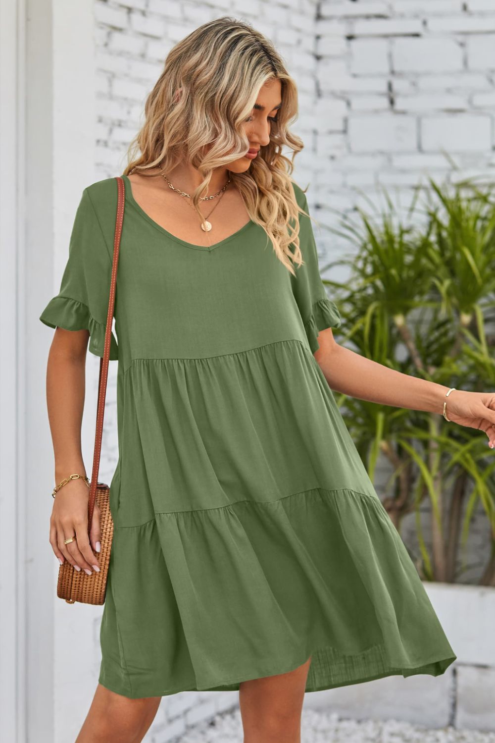 She Wears Glory™ Mandy V-Neck Flounce Sleeve Tiered Dress - She Wears Glory Beverly Hills