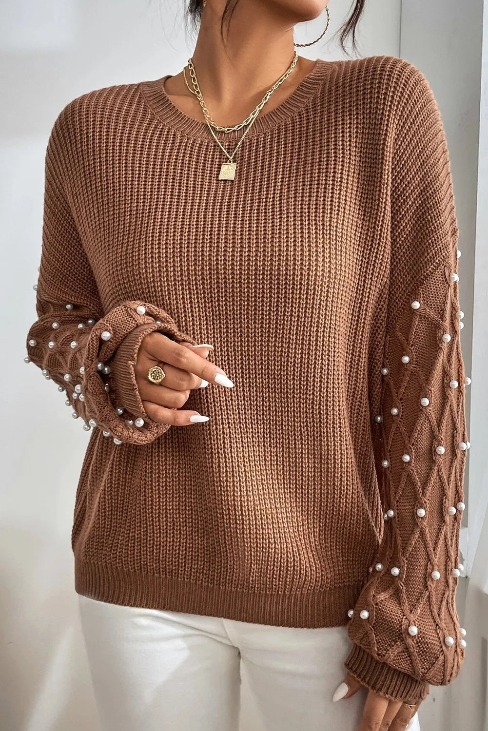 She Wears Glory™ Pearl Detail Round Neck Long Sleeve Sweater - She Wears Glory Beverly Hills