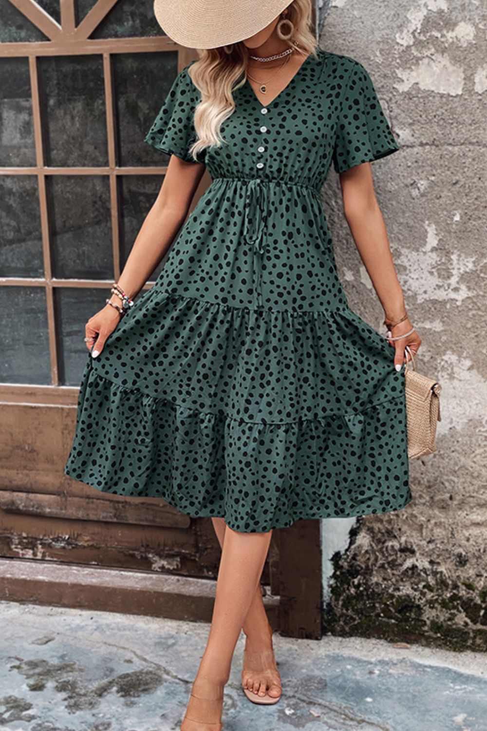 Perfee Printed Buttoned V-Neck Flutter Sleeve Dress - She Wears Glory Beverly Hills