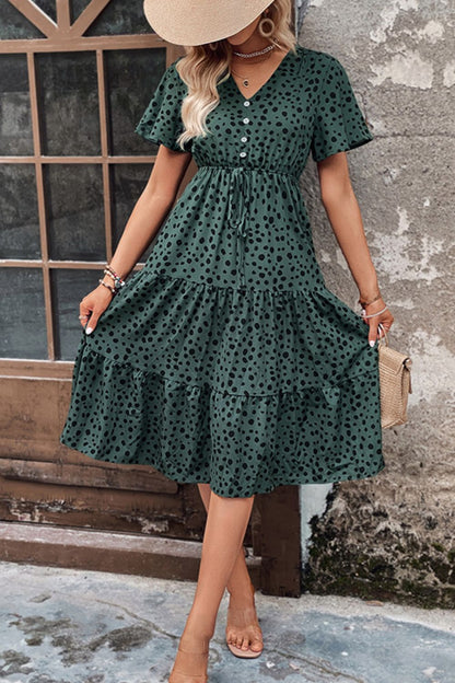 Perfee Printed Buttoned V-Neck Flutter Sleeve Dress - She Wears Glory Beverly Hills