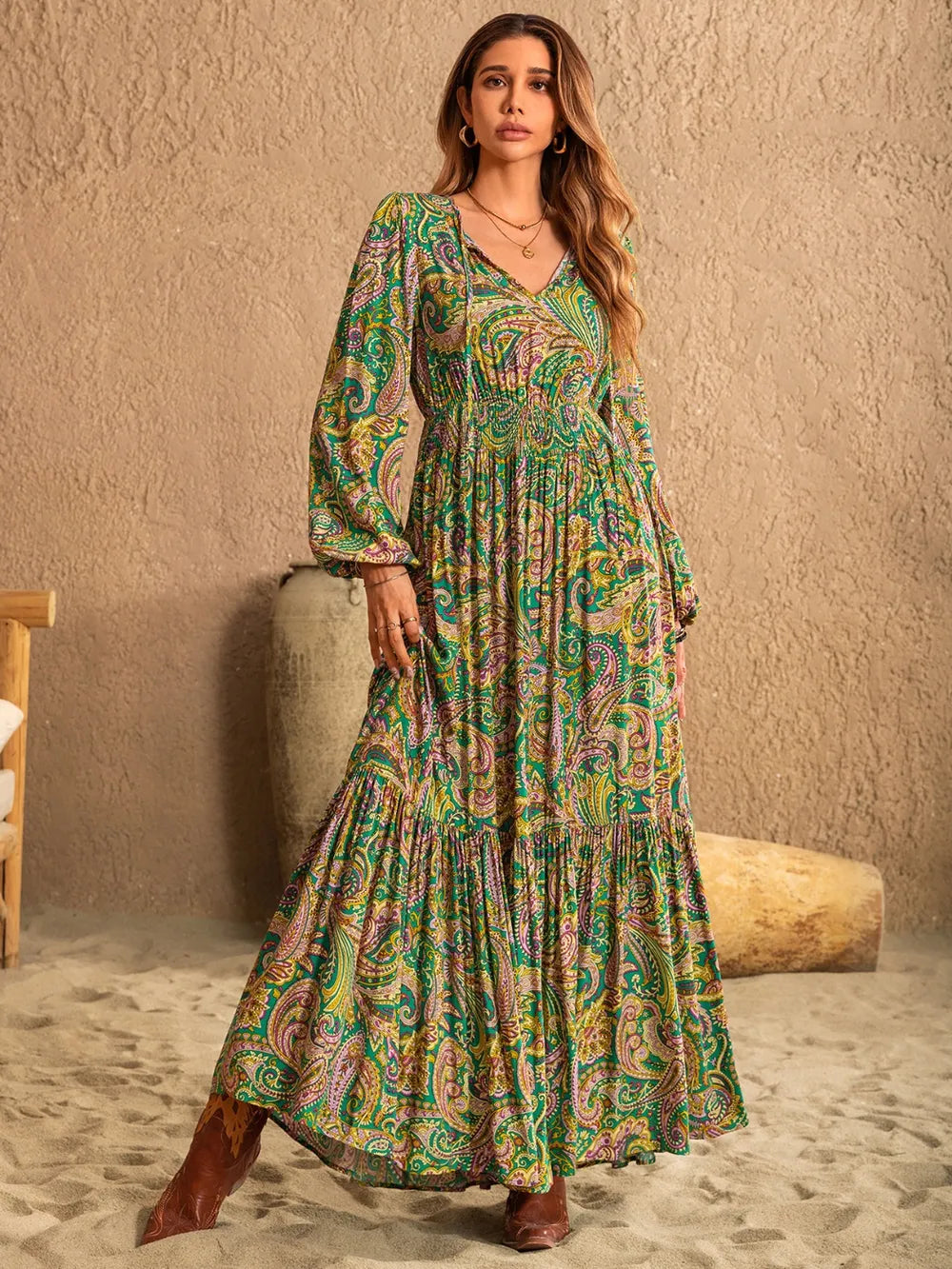 She Wears Glory “Esther Arising” Tie-Neck Long Sleeve Dress - She Wears Glory Beverly Hills