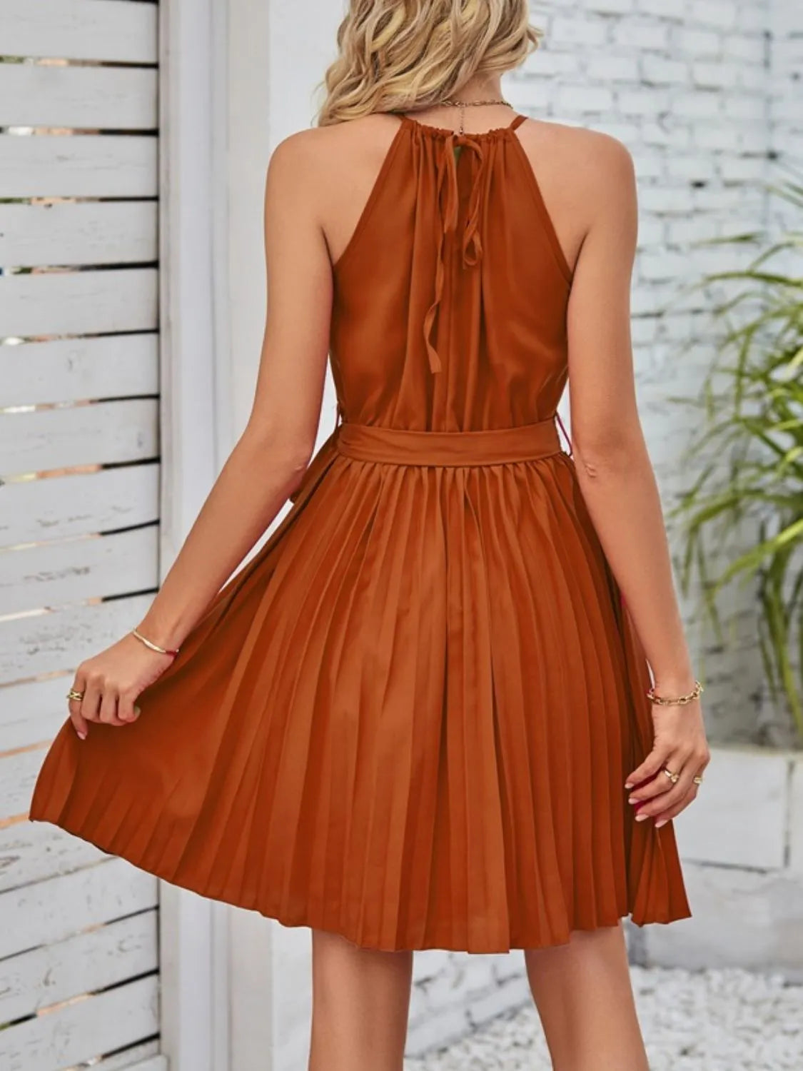 She Wears Glory™ “Crowned in Stillness” Pleated Tie-Waist Mini Dress - She Wears Glory Beverly Hills