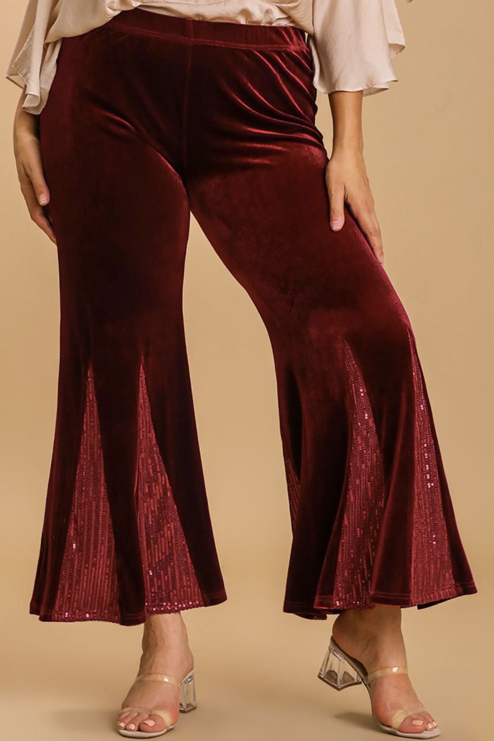She Wears Glory™ “Heaven’s Echo” Sequin Velvet Stretch Flare Leg Pants - She Wears Glory Beverly Hills