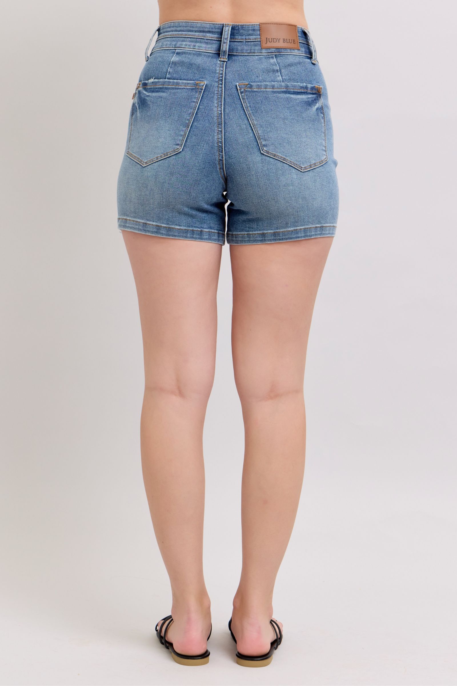 She Wears Glory™ High Rise Tummy Control Denim Shorts – Holy Confidence, Made Comfortable - She Wears Glory Beverly Hills