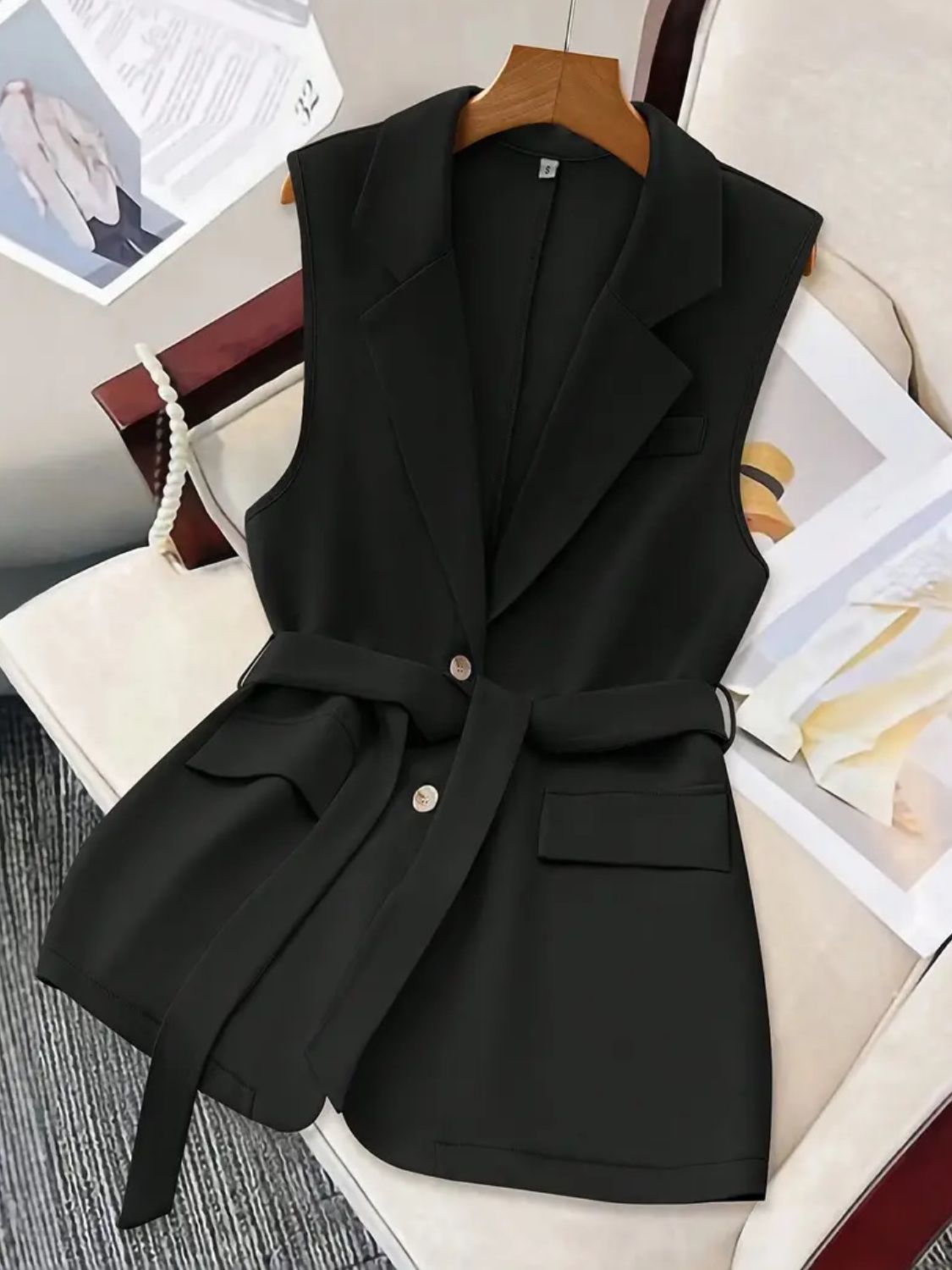 She Wears Glory “Bound by Promise” Sleeveless Tie-Waist Lapel Blazer - She Wears Glory Beverly Hills